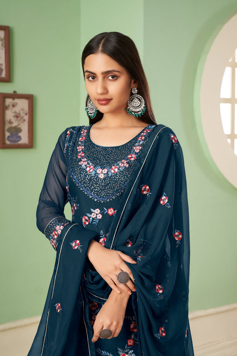 Blue Pakistani Georgette Plazo For Indian Festivals & Weddings - Sequence Embroidery Work, Thread Embroidery Work,