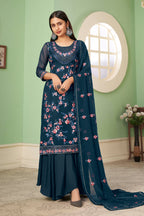 Blue Pakistani Georgette Plazo For Indian Festivals & Weddings - Sequence Embroidery Work, Thread Embroidery Work,