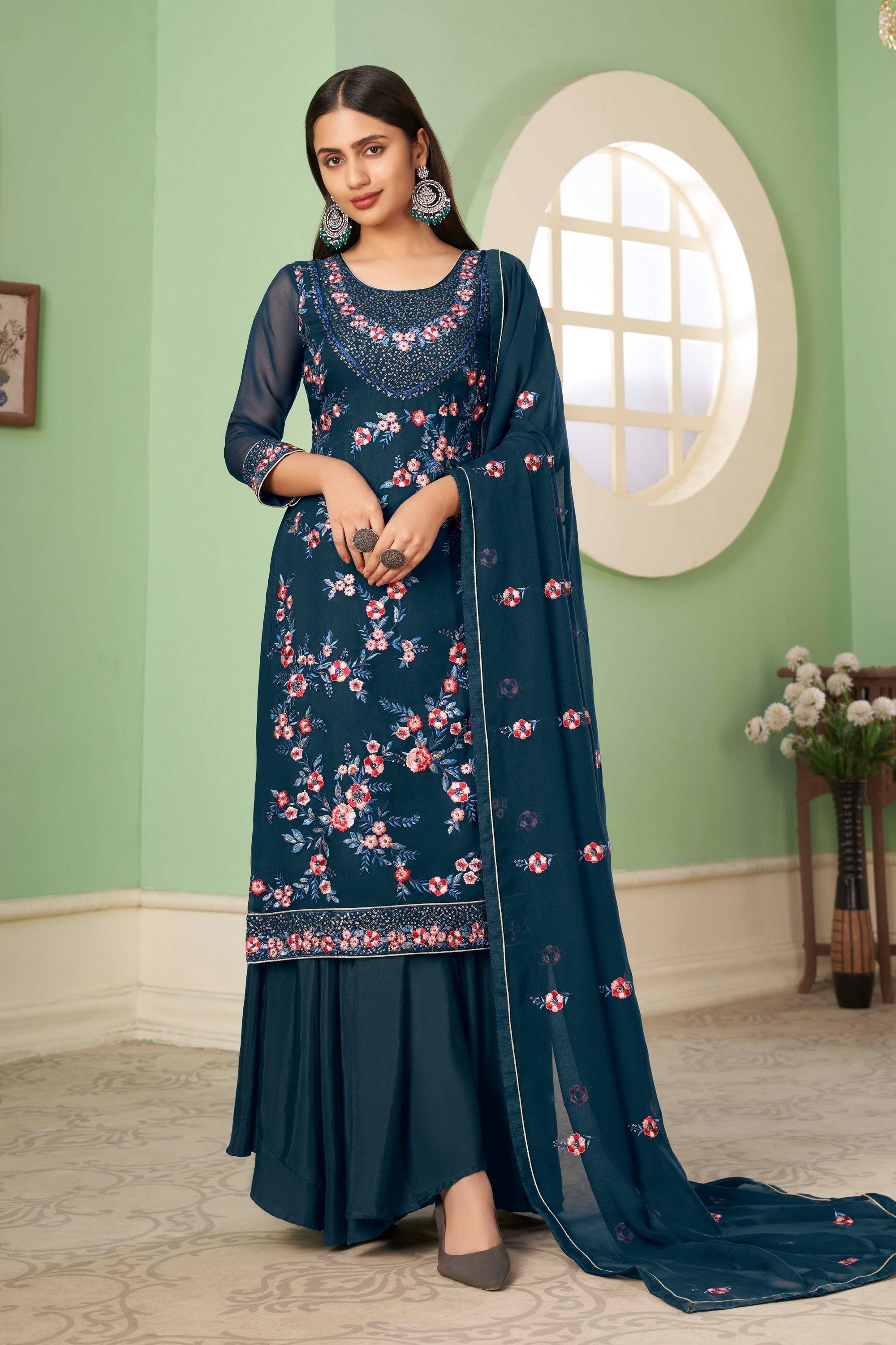 Blue Pakistani Georgette Plazo For Indian Festivals & Weddings - Sequence Embroidery Work, Thread Embroidery Work,