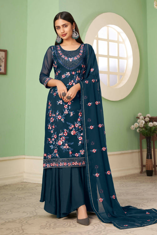 Blue Pakistani Georgette Plazo For Indian Festivals & Weddings - Sequence Embroidery Work, Thread Embroidery Work,