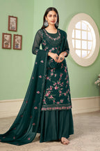 Green Pakistani Georgette Plazo For Indian Festivals & Weddings - Sequence Embroidery Work, Thread Embroidery Work,