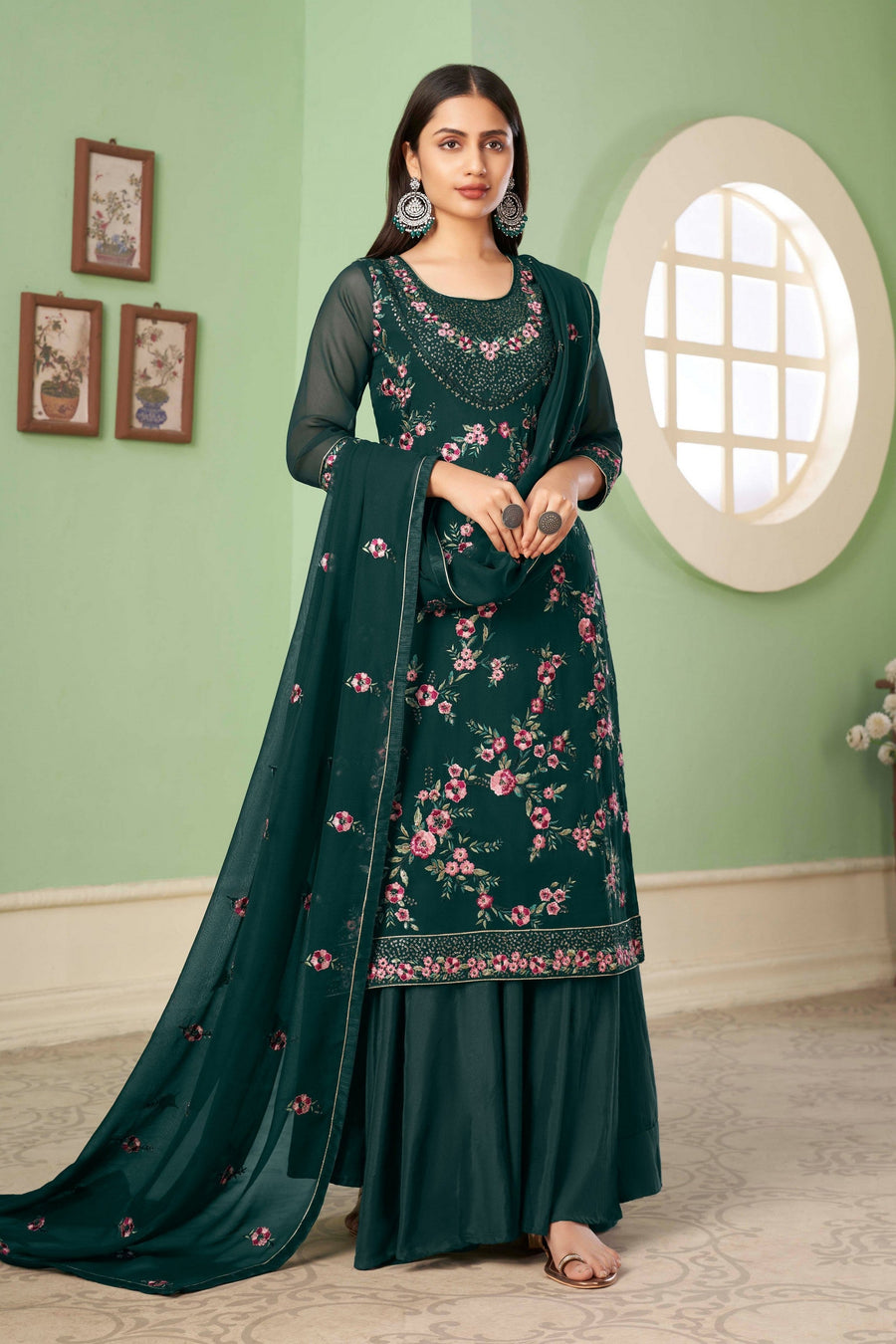 Green Pakistani Georgette Plazo For Indian Festivals & Weddings - Sequence Embroidery Work, Thread Embroidery Work,