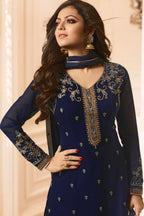 Blue Pakistani Georgette Salwar Kameez For Wedding & Festival - Embroidery Work