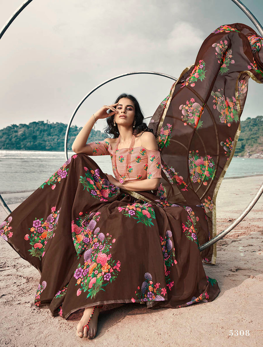 Brown Organza Floral Lehenga Choli