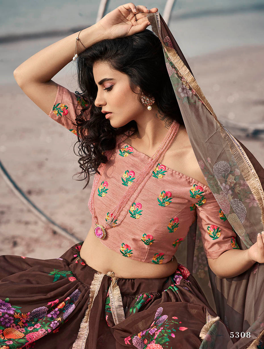 Brown Organza Floral Lehenga Choli