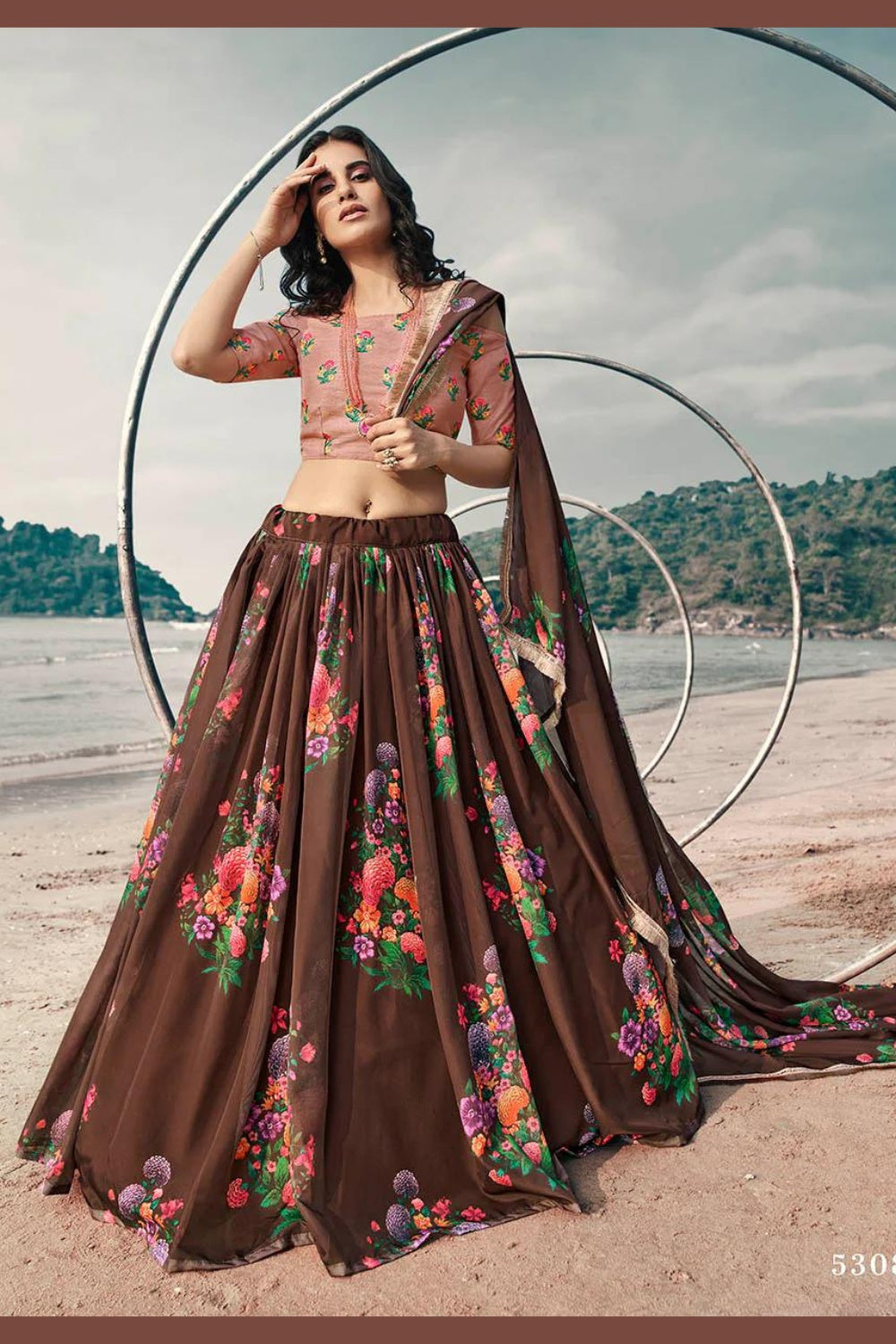 Brown Organza Floral Lehenga Choli