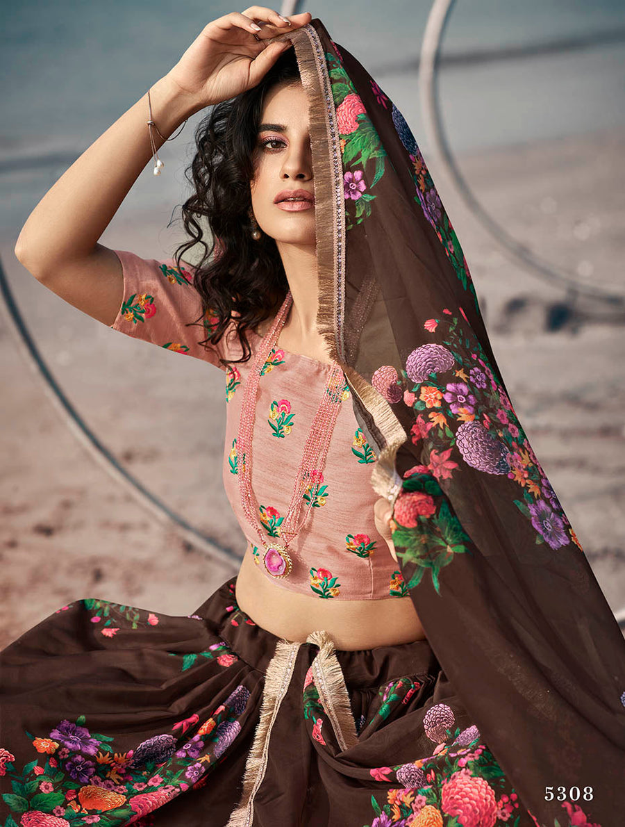 Brown Organza Floral Lehenga Choli