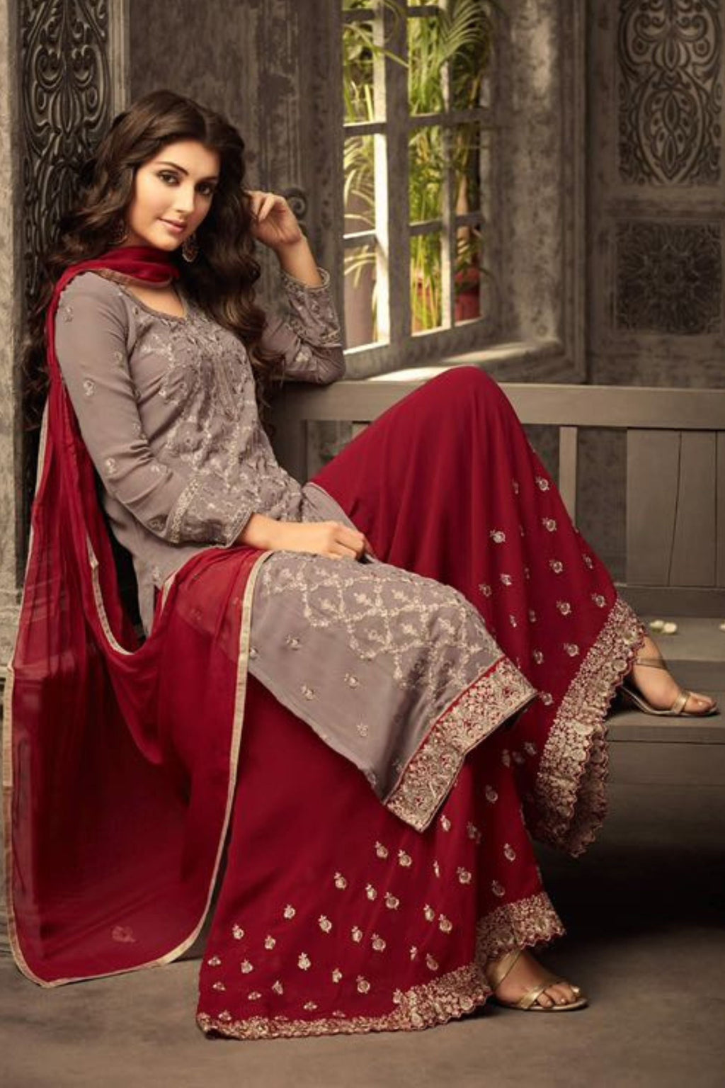 Coffee Pakistani Georgette Plazo For Wedding & Festival - Embroidery Work