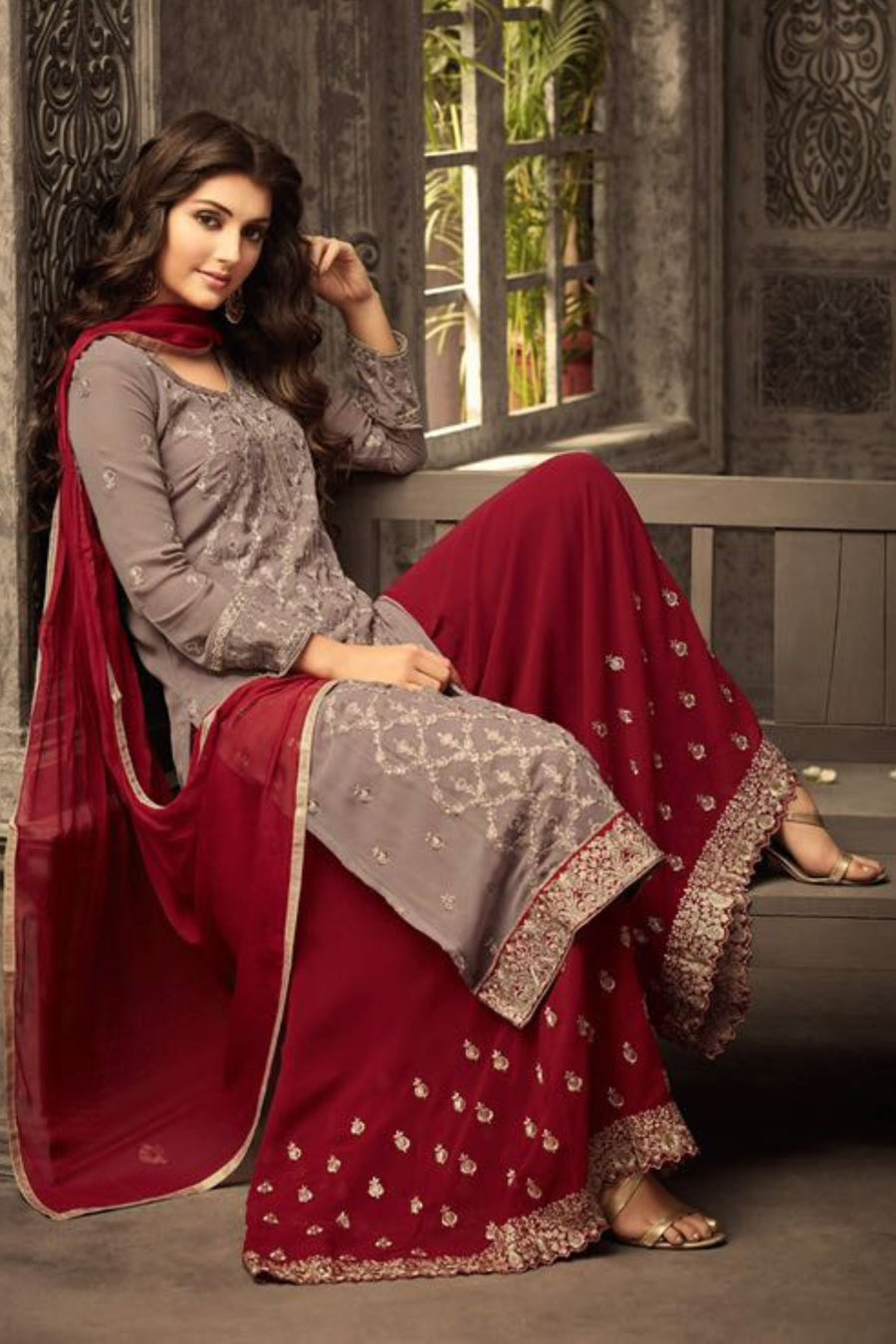 Coffee Pakistani Georgette Plazo For Wedding & Festival - Embroidery Work