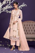 Peach Georgette Kameez With Pant For Ladies Indian Festivals & Weddings - Thread Embroidery Work, Zari Work