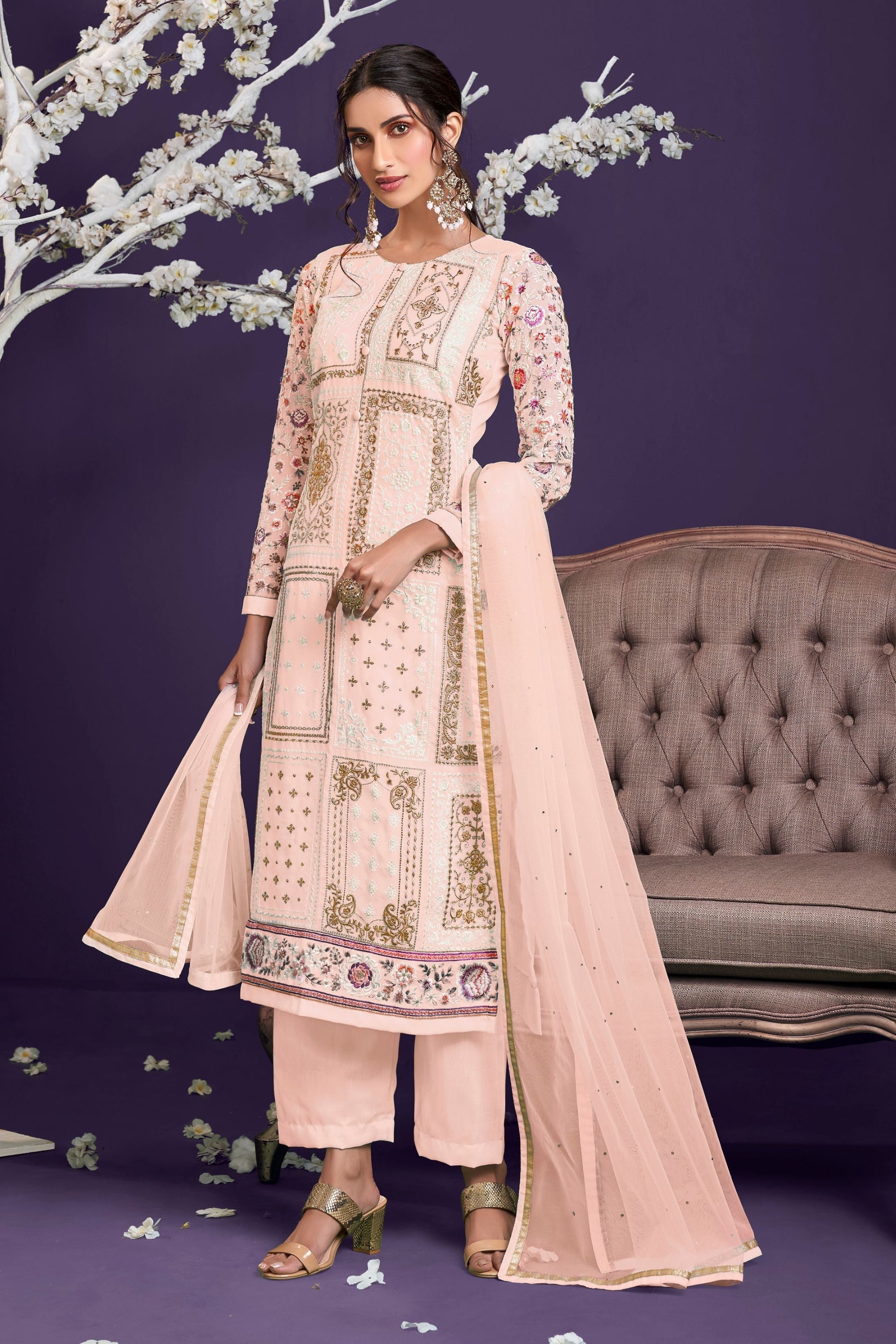 Beige Pakistani Georgette Plazo For Indian Festivals & Weddings - Thread Embroidery Work, Zari Work