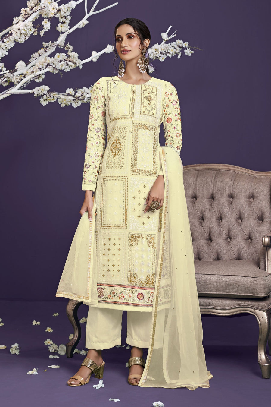 Beige Pakistani Georgette Plazo For Indian Festivals & Weddings - Thread Embroidery Work, Zari Work