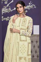Beige Pakistani Georgette Plazo For Indian Festivals & Weddings - Thread Embroidery Work, Zari Work