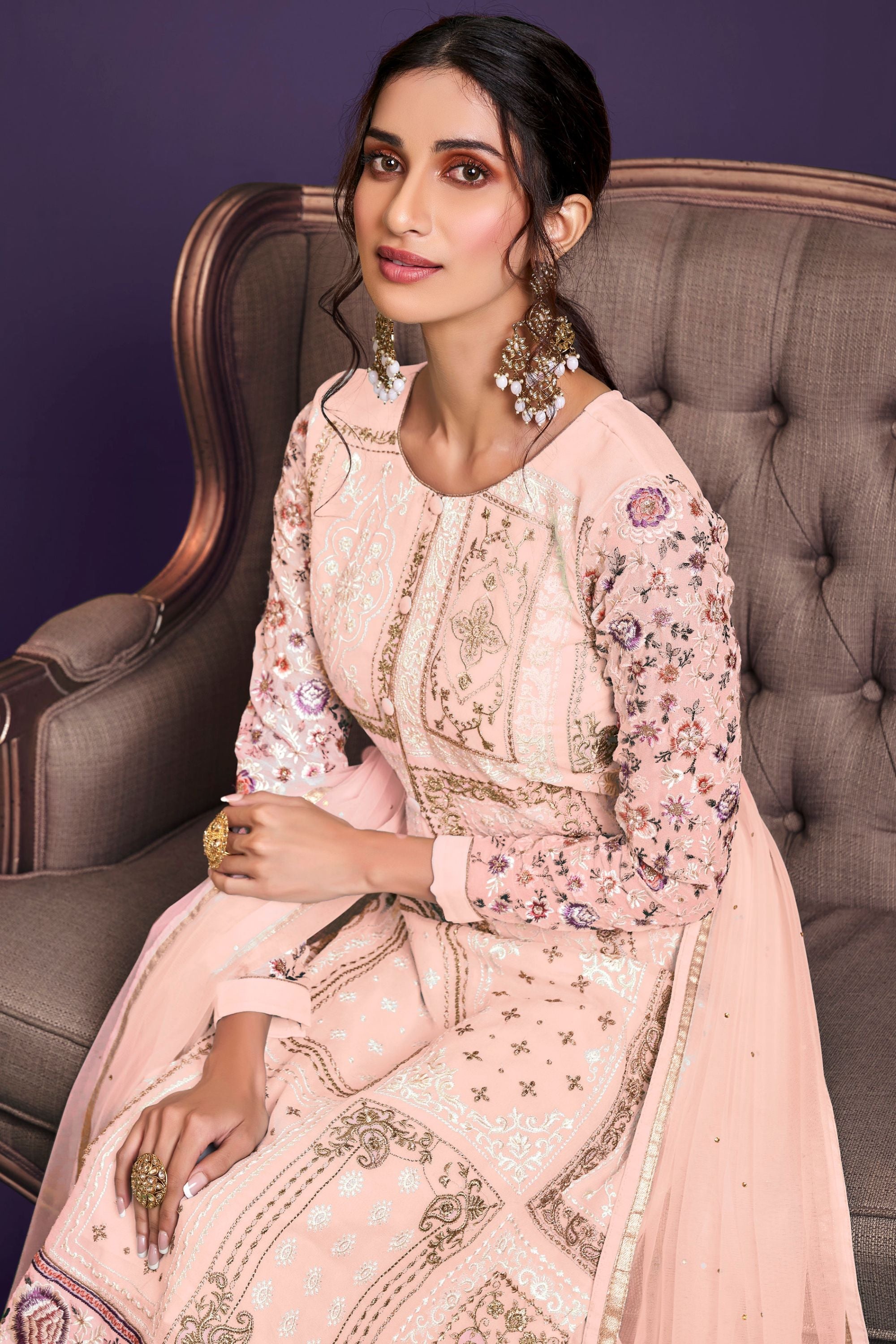 Beige Pakistani Georgette Plazo For Indian Festivals & Weddings - Thread Embroidery Work, Zari Work