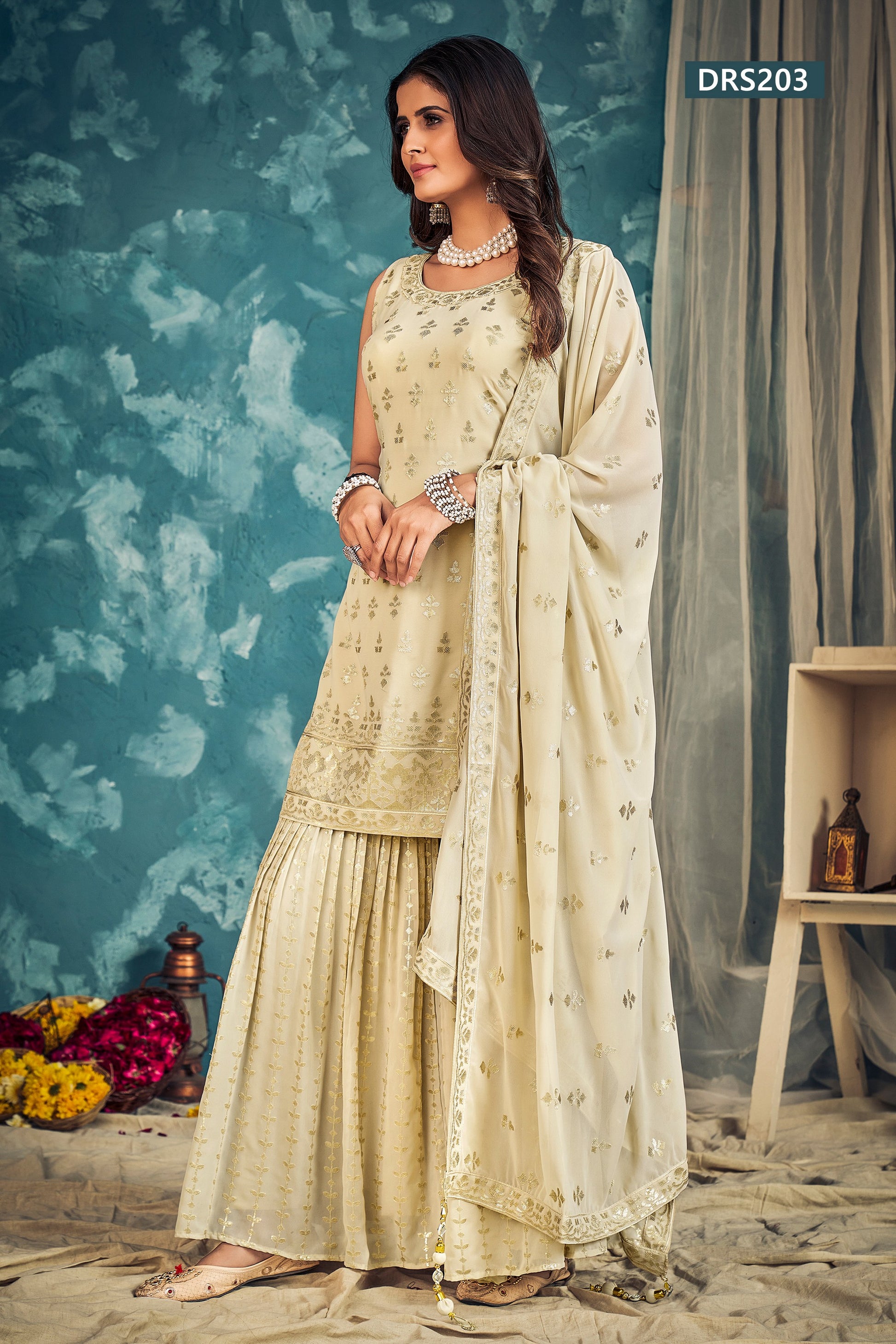 Cream Pakistani Georgette Sharara For Indian Festivals & Weddings - Sequence Embroidery Work, Zari Work