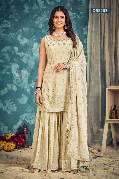 Cream Pakistani Georgette Sharara For Indian Festivals & Weddings - Sequence Embroidery Work, Zari Work