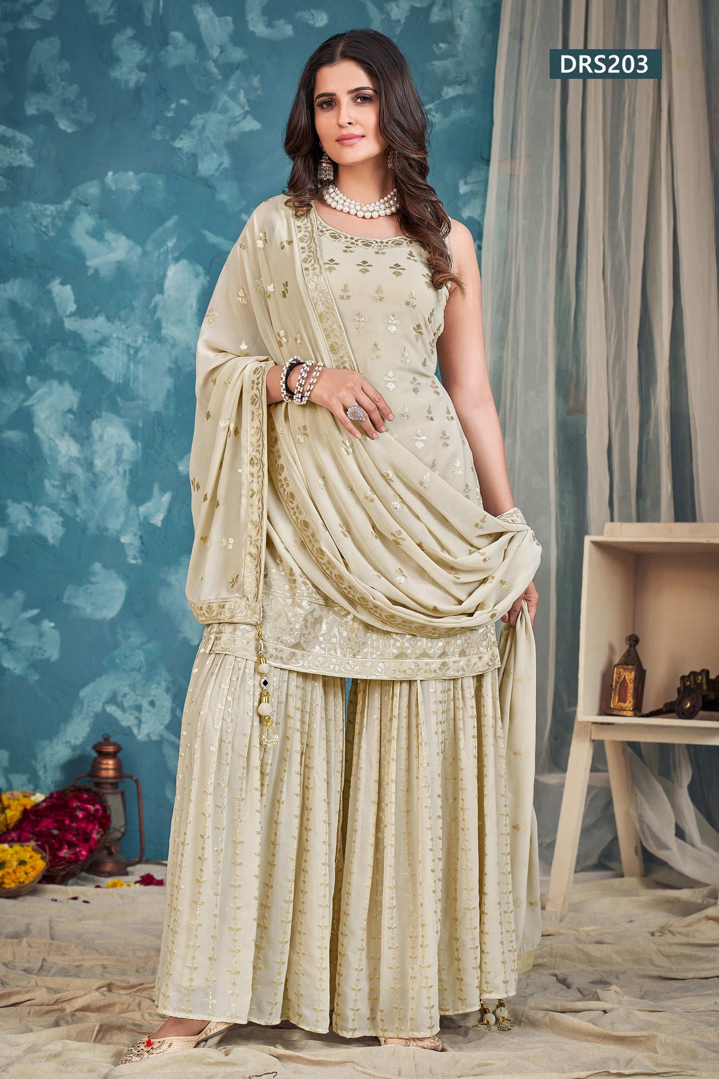 Cream Pakistani Georgette Sharara For Indian Festivals & Weddings - Sequence Embroidery Work, Zari Work