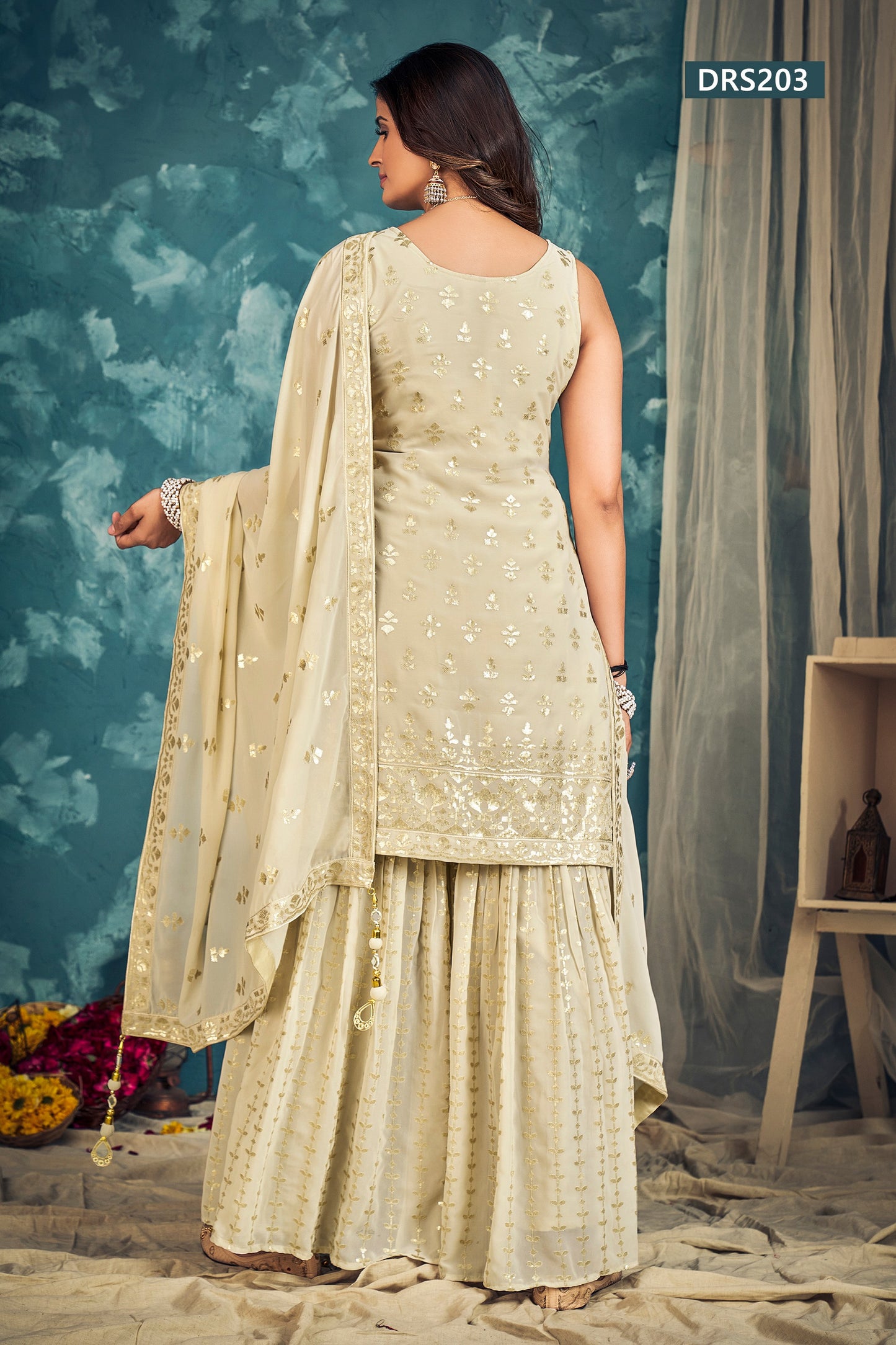 Cream Pakistani Georgette Sharara For Indian Festivals & Weddings - Sequence Embroidery Work, Zari Work