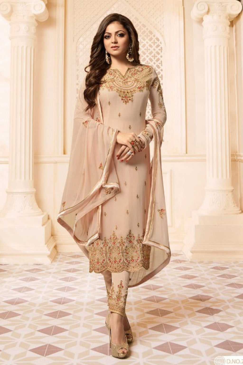 Cream Pakistani Georgette Salwar Kameez For Wedding & Festival - Embroidery Work