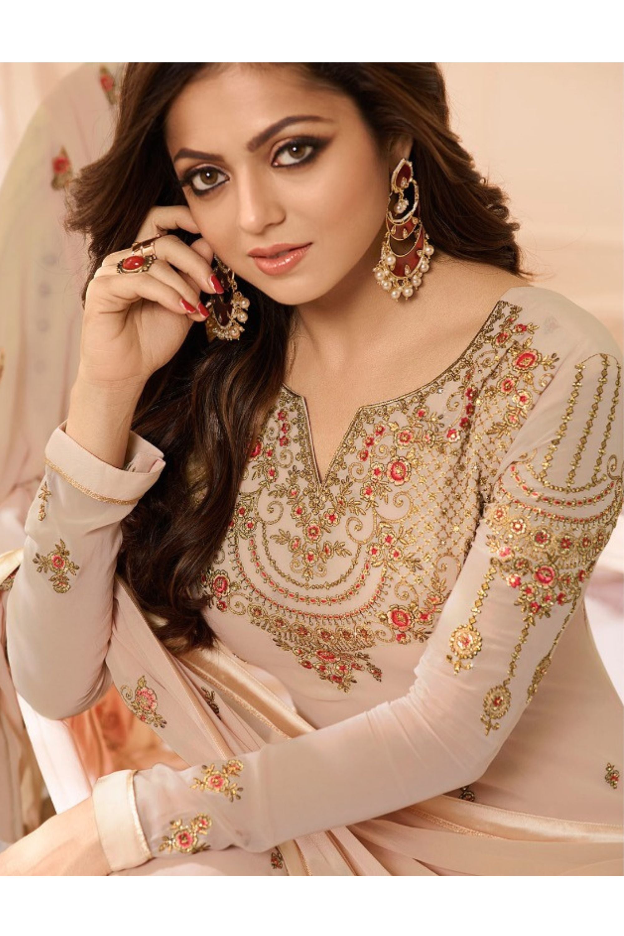 Cream Pakistani Georgette Salwar Kameez For Wedding & Festival - Embroidery Work