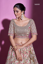 Cream Pakistani Net Lehenga Choli For Indian Festival & Weddings - Sequence Embroidery Work, Stone Work, Dori Work