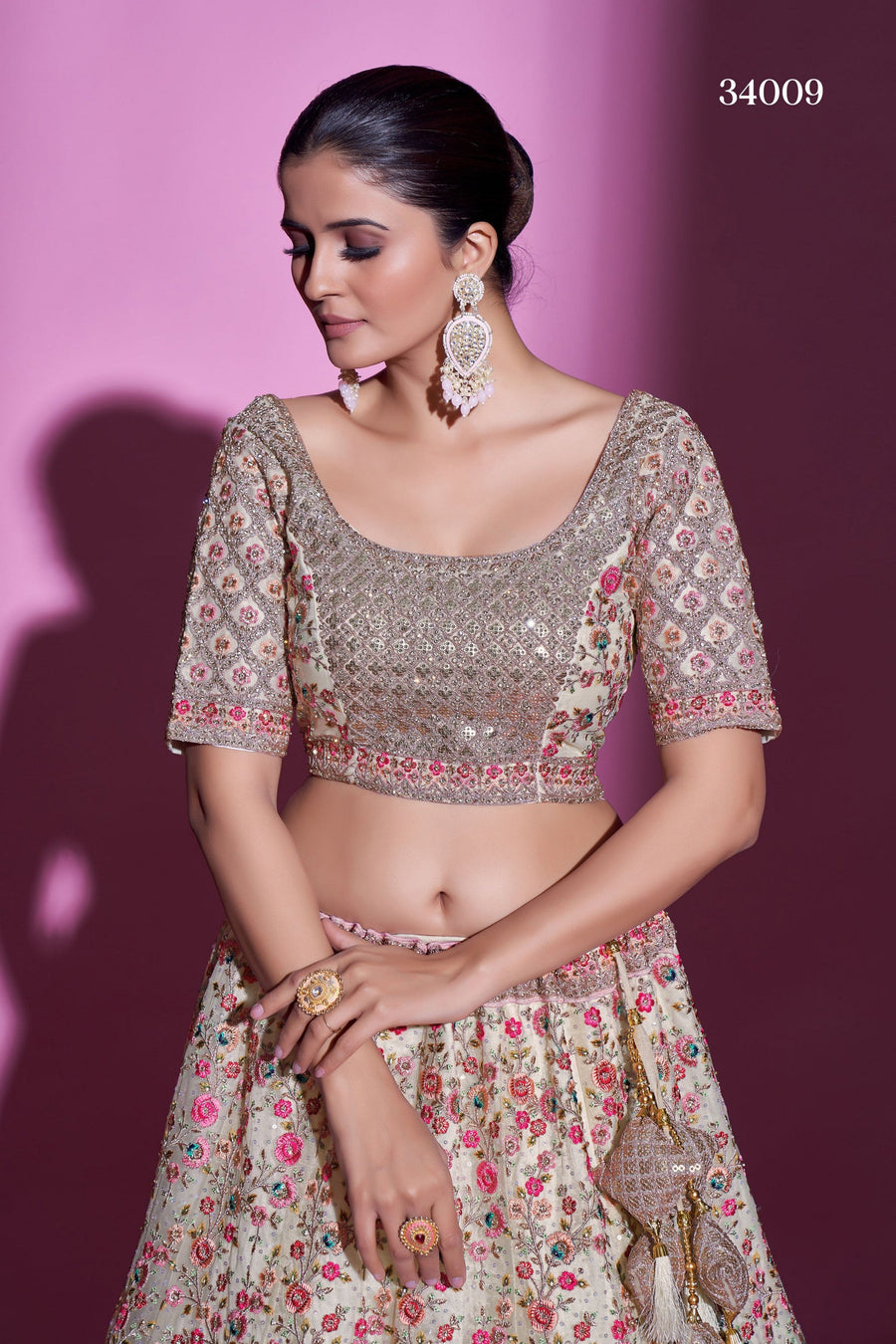 Cream Pakistani Net Lehenga Choli For Indian Festival & Weddings - Sequence Embroidery Work, Stone Work, Dori Work