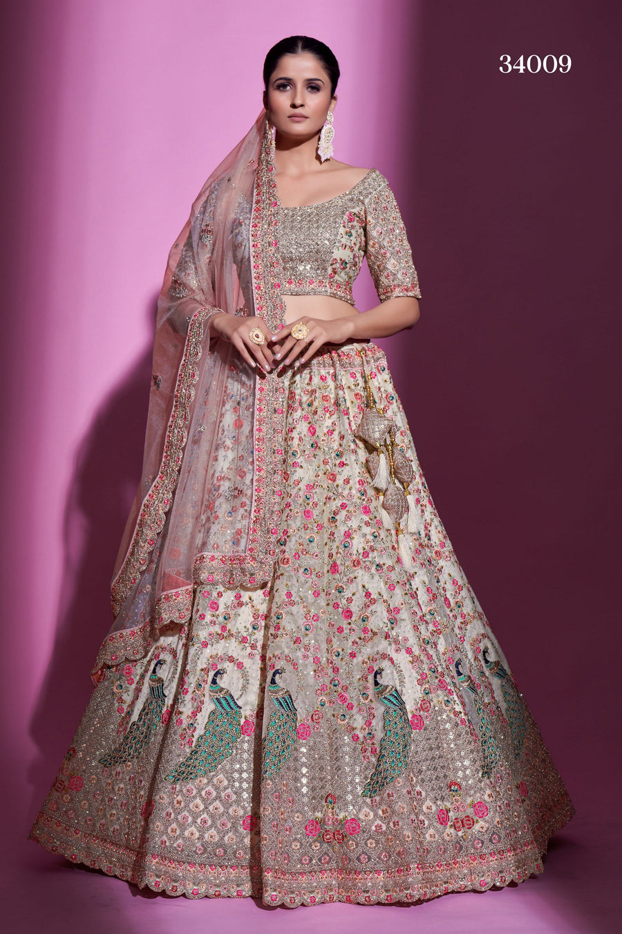 Cream Pakistani Net Lehenga Choli For Indian Festival & Weddings - Sequence Embroidery Work, Stone Work, Dori Work