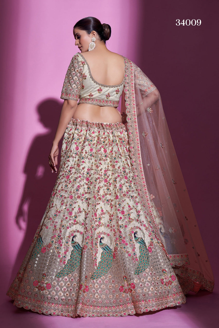 Cream Pakistani Net Lehenga Choli For Indian Festival & Weddings - Sequence Embroidery Work, Stone Work, Dori Work