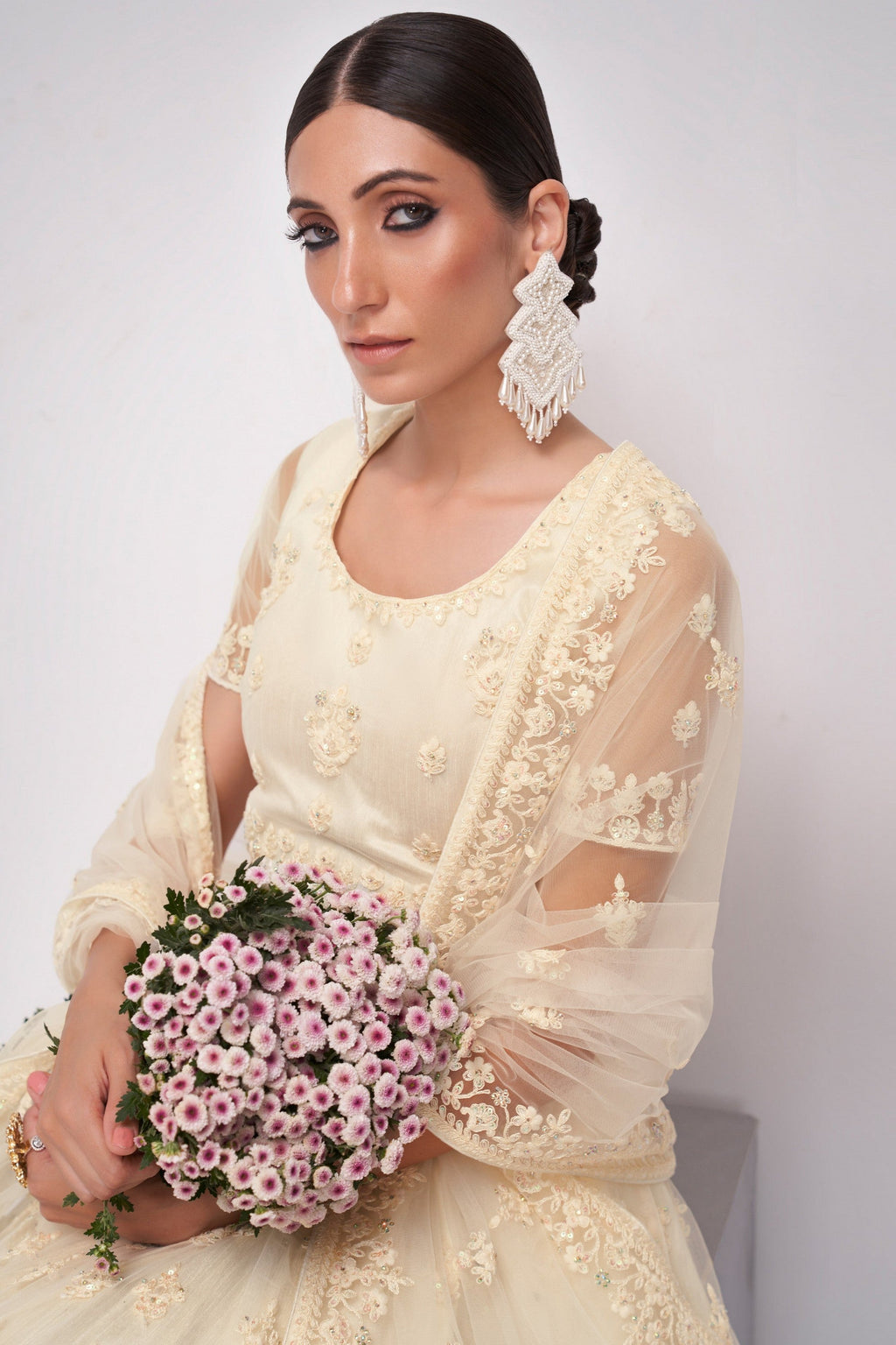 Cream Pakistani Net Lehenga Choli For Indian Festivals & Weddings - Sequence Embroidery Work, Thread Embroidery Work, Codding Embroidery Work, Stone Work