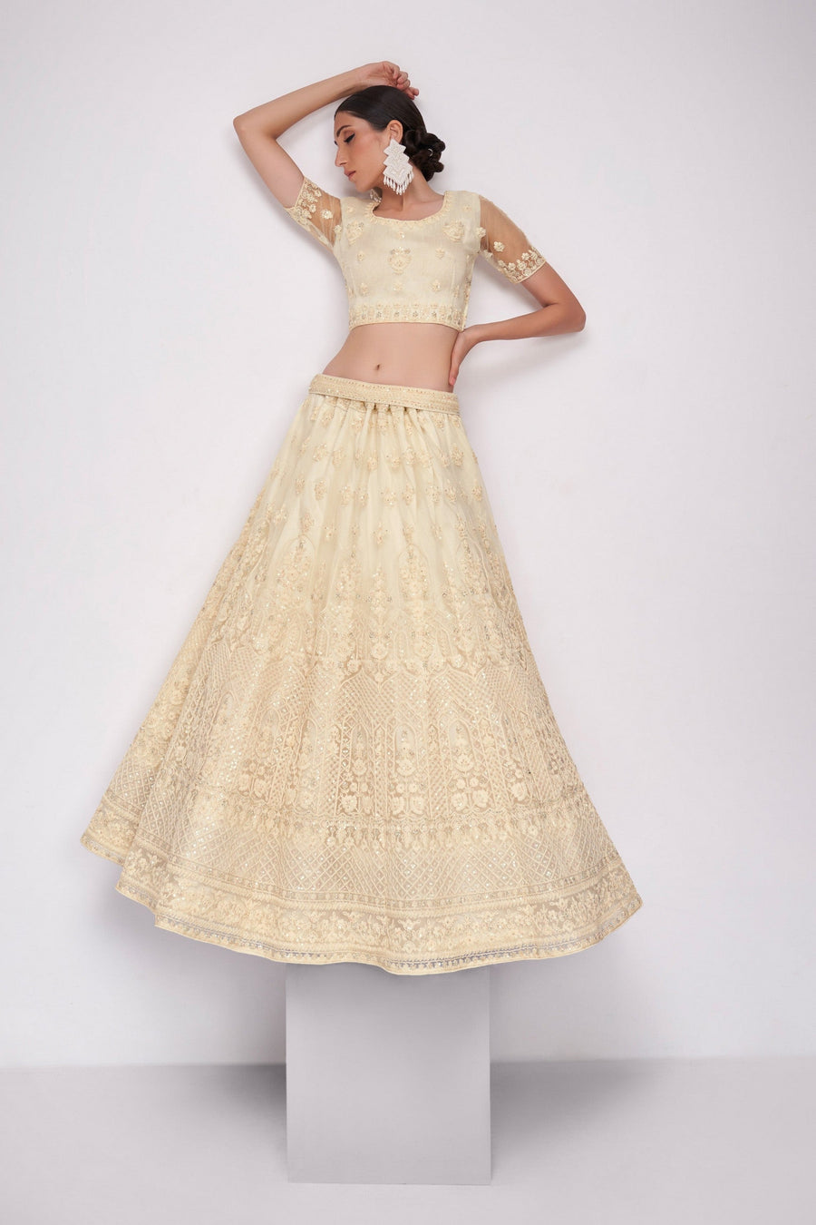 Cream Pakistani Net Lehenga Choli For Indian Festivals & Weddings - Sequence Embroidery Work, Thread Embroidery Work, Codding Embroidery Work, Stone Work
