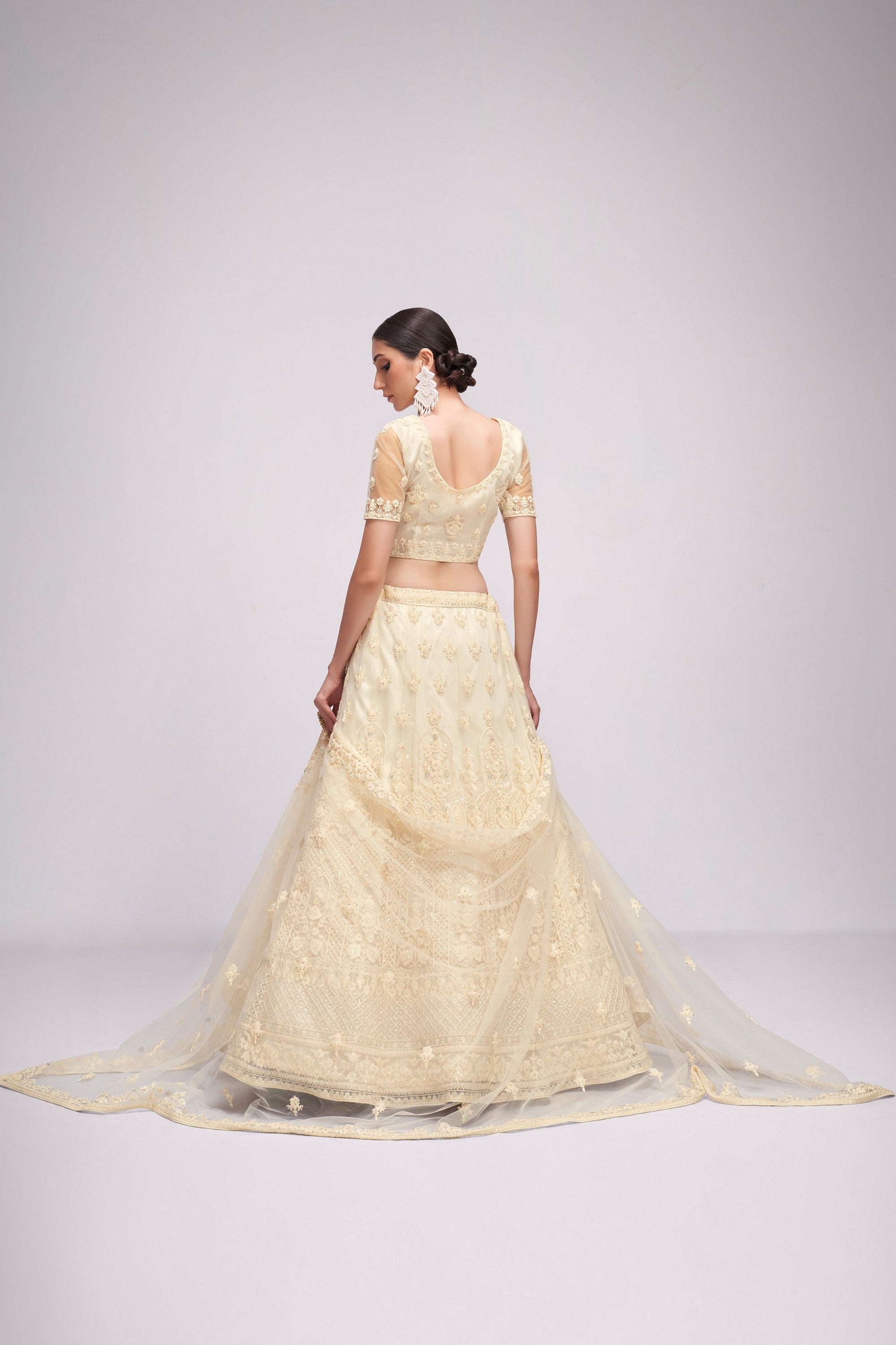 Cream Pakistani Net Lehenga Choli For Indian Festivals & Weddings - Sequence Embroidery Work, Thread Embroidery Work, Codding Embroidery Work, Stone Work