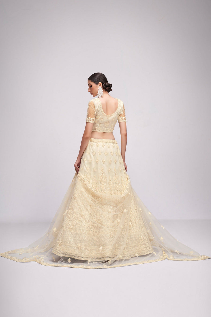 Cream Pakistani Net Lehenga Choli For Indian Festivals & Weddings - Sequence Embroidery Work, Thread Embroidery Work, Codding Embroidery Work, Stone Work