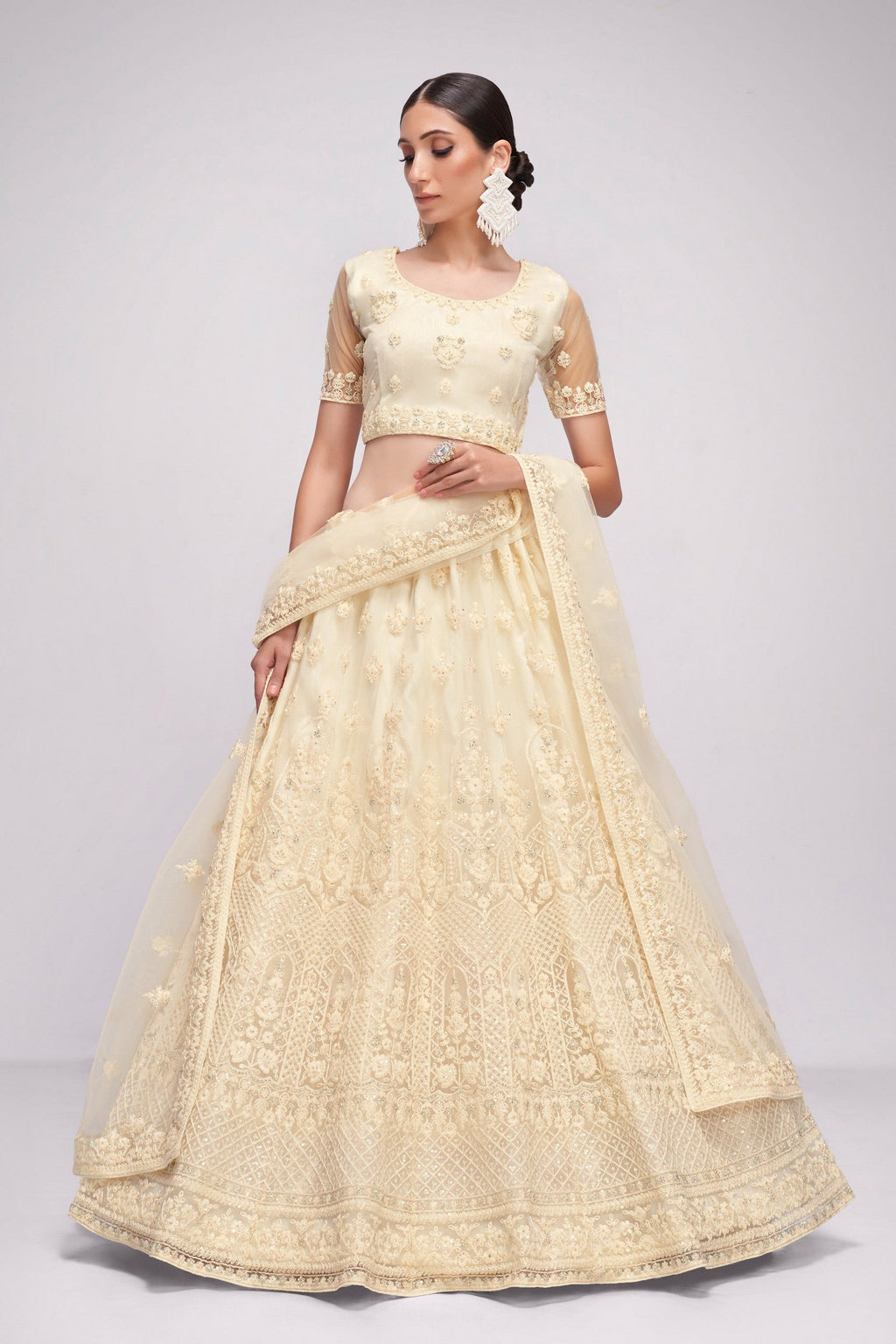 Cream Pakistani Net Lehenga Choli For Indian Festivals & Weddings - Sequence Embroidery Work, Thread Embroidery Work, Codding Embroidery Work, Stone Work