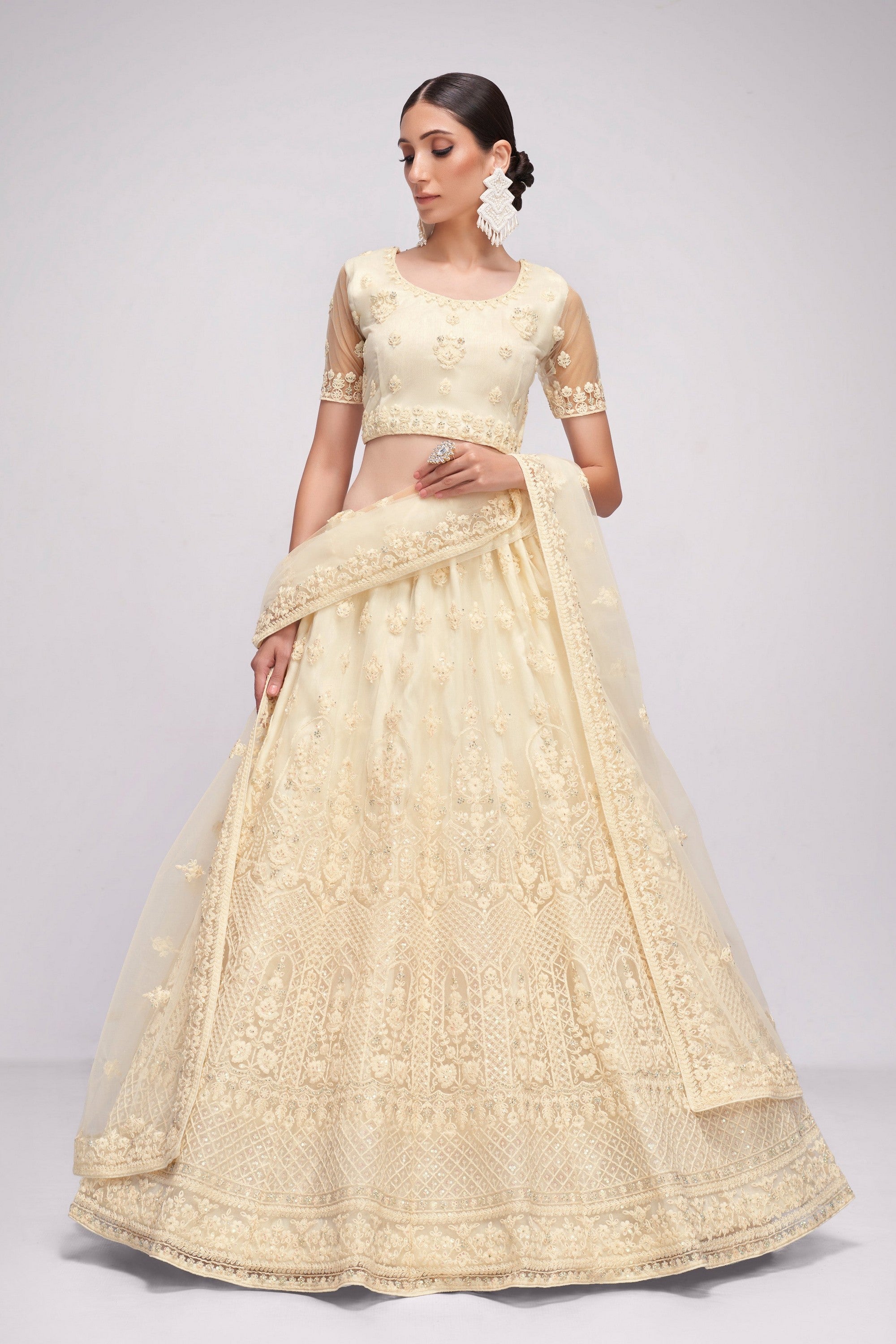 Cream Pakistani Net Lehenga Choli For Indian Festivals & Weddings - Sequence Embroidery Work, Thread Embroidery Work, Codding Embroidery Work, Stone Work