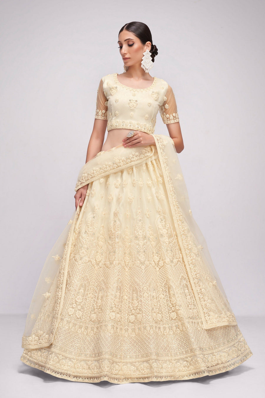 Cream Pakistani Net Lehenga Choli For Indian Festivals & Weddings - Sequence Embroidery Work, Thread Embroidery Work, Codding Embroidery Work, Stone Work