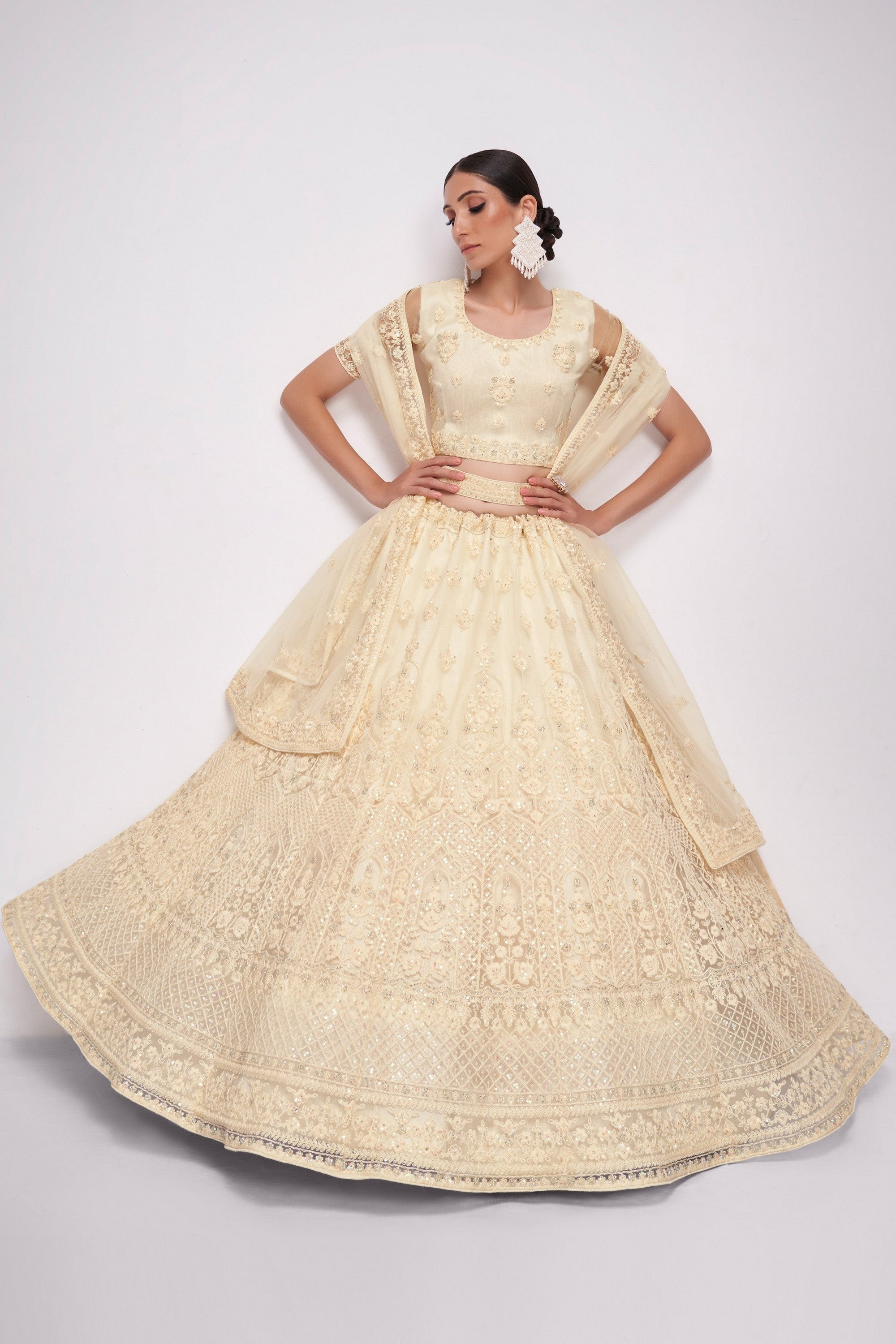 Cream Pakistani Net Lehenga Choli For Indian Festivals & Weddings - Sequence Embroidery Work, Thread Embroidery Work, Codding Embroidery Work, Stone Work