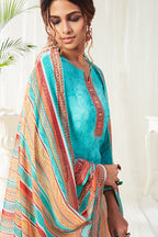 Cyan Pakistani Cotton Salwar Kameez For Indian Festivals & Weddings - Print Work, Sequence Embroidery Work,