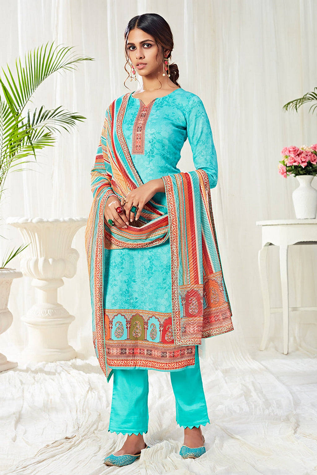 Cyan Pakistani Cotton Salwar Kameez For Indian Festivals & Weddings - Print Work, Sequence Embroidery Work,