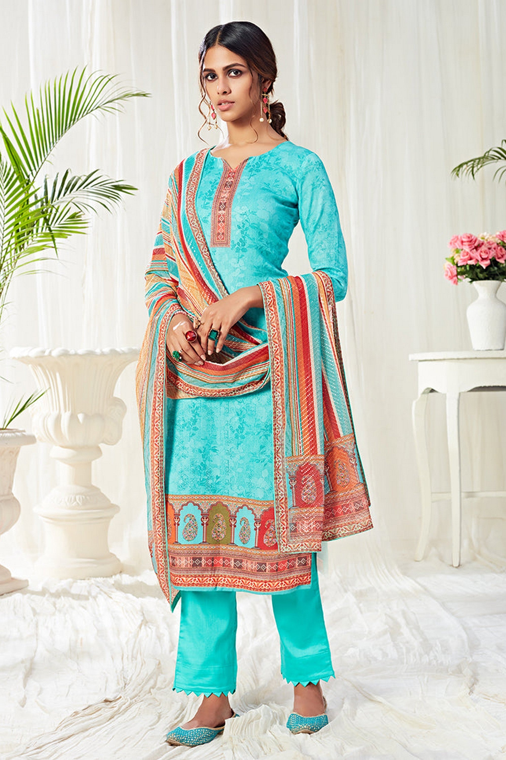 Cyan Pakistani Cotton Salwar Kameez For Indian Festivals & Weddings - Print Work, Sequence Embroidery Work,
