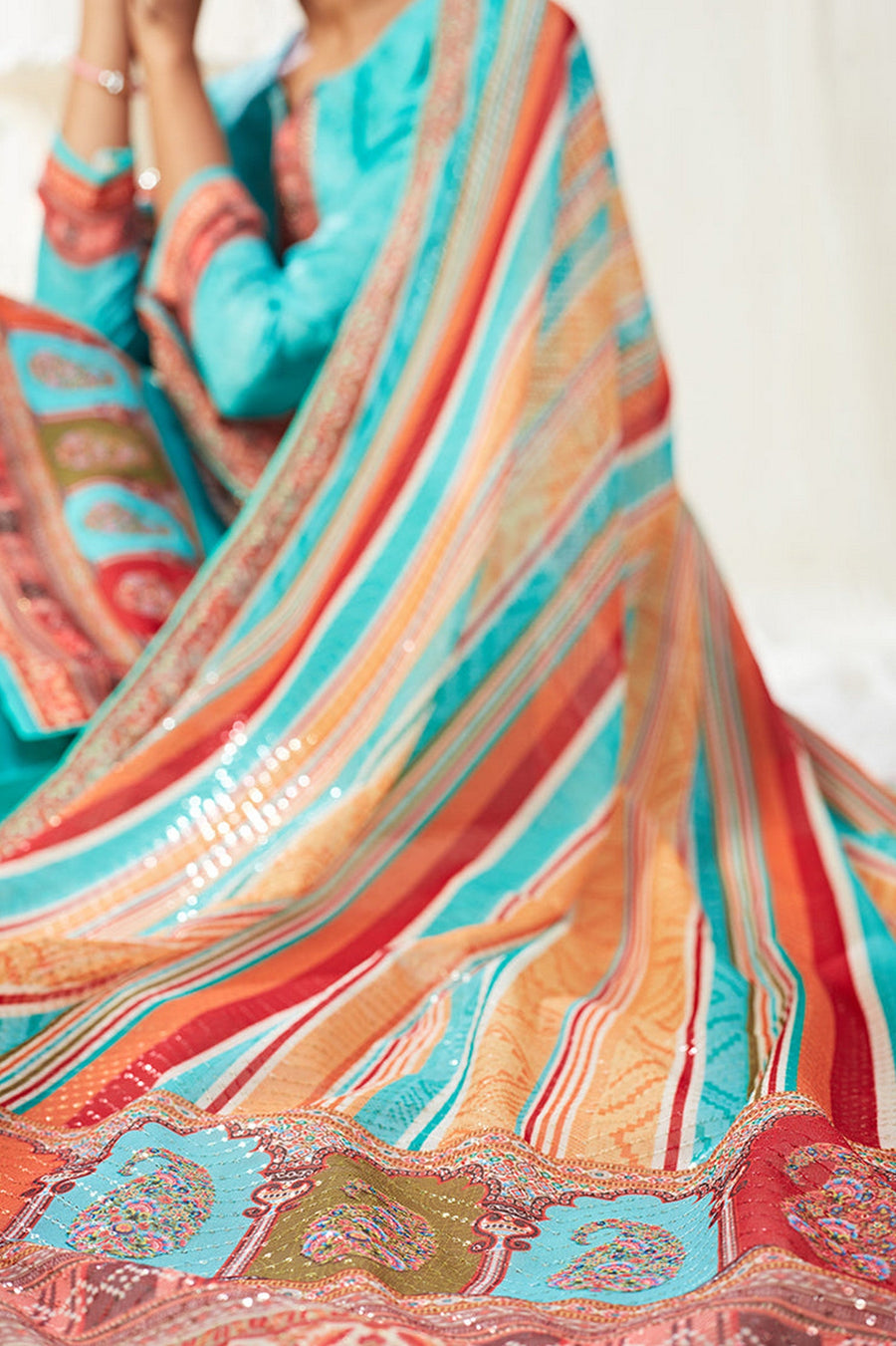 Cyan Pakistani Cotton Salwar Kameez For Indian Festivals & Weddings - Print Work, Sequence Embroidery Work,