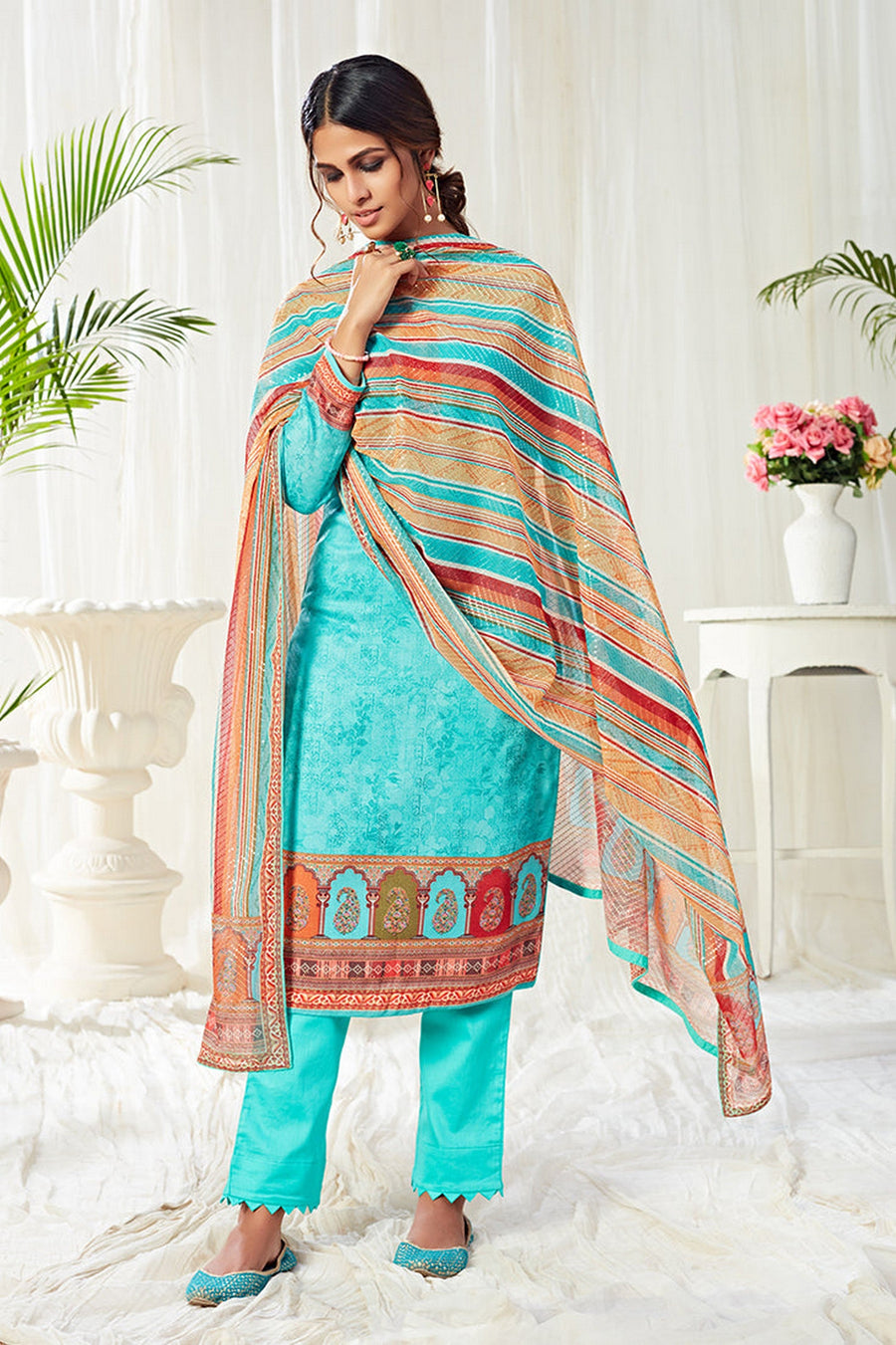 Cyan Pakistani Cotton Salwar Kameez For Indian Festivals & Weddings - Print Work, Sequence Embroidery Work,