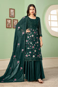 Dark Green Pakistani Georgette Plazo For Indian Festivals & Weddings - Sequence Embroidery Work, Thread Embroidery Work