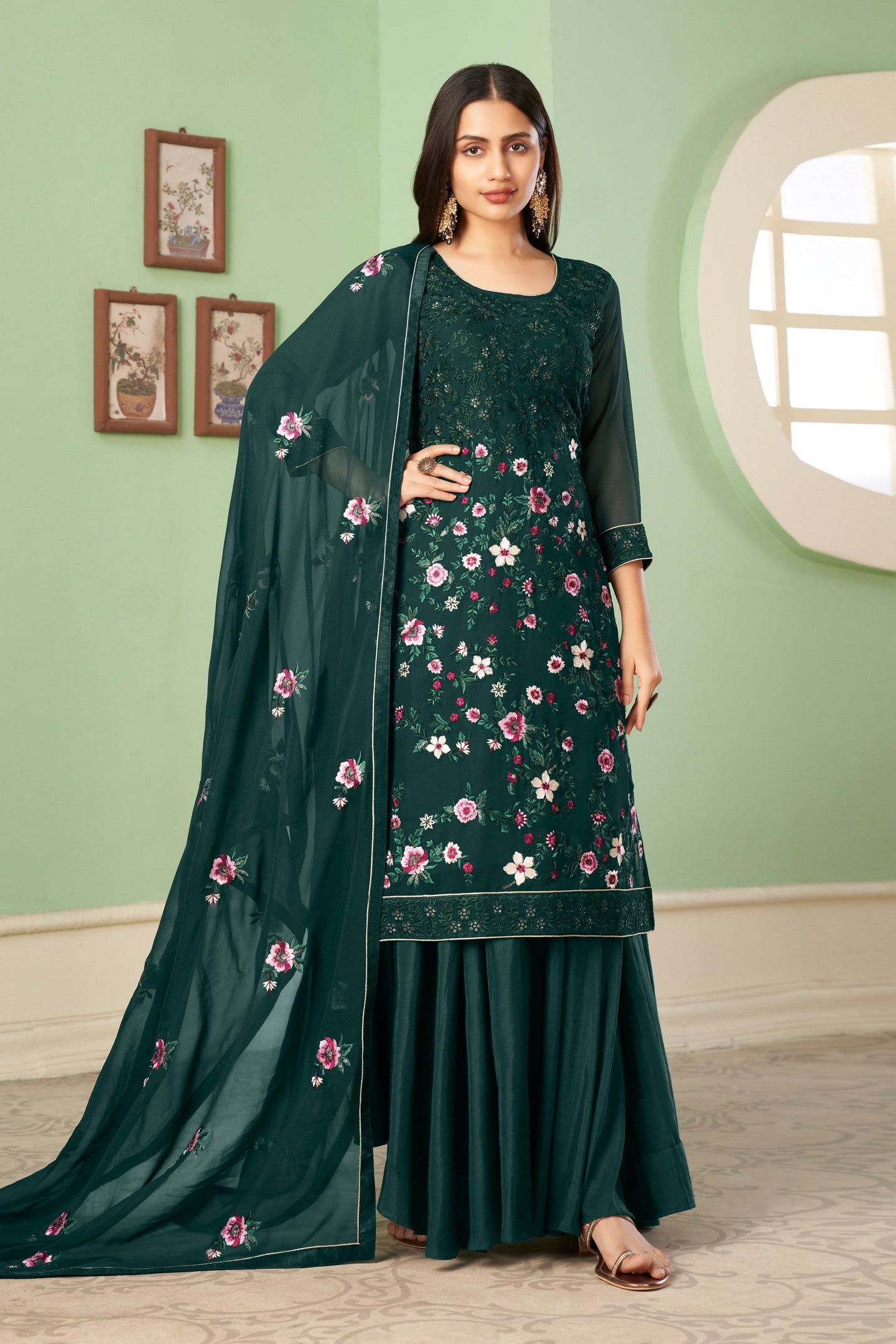 Dark Green Pakistani Georgette Plazo For Indian Festivals & Weddings - Sequence Embroidery Work, Thread Embroidery Work