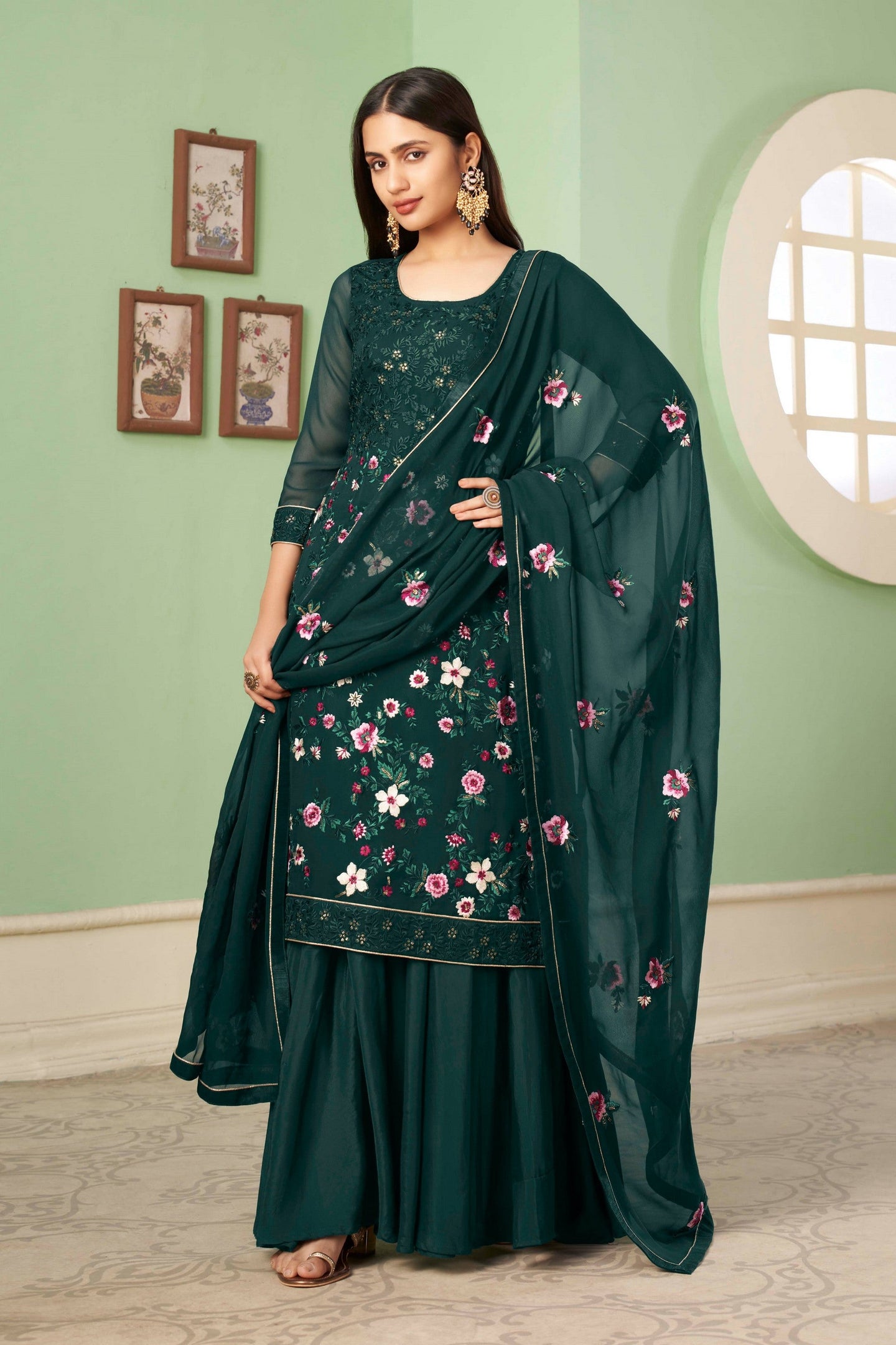 Dark Green Pakistani Georgette Plazo For Indian Festivals & Weddings - Sequence Embroidery Work, Thread Embroidery Work