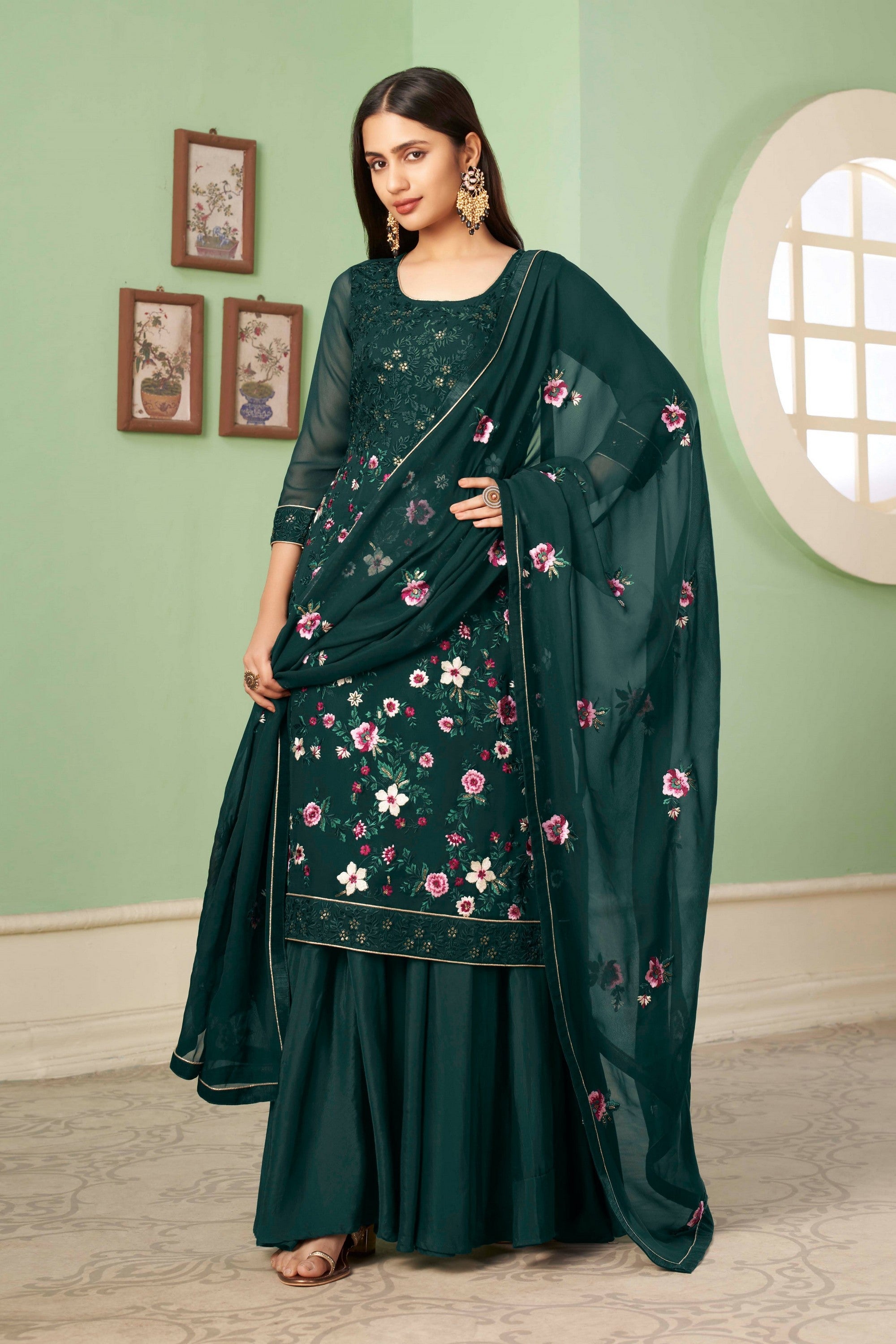 Dark Green Pakistani Georgette Plazo For Indian Festivals & Weddings - Sequence Embroidery Work, Thread Embroidery Work