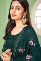 Dark Green Pakistani Georgette Plazo For Indian Festivals & Weddings - Sequence Embroidery Work, Thread Embroidery Work