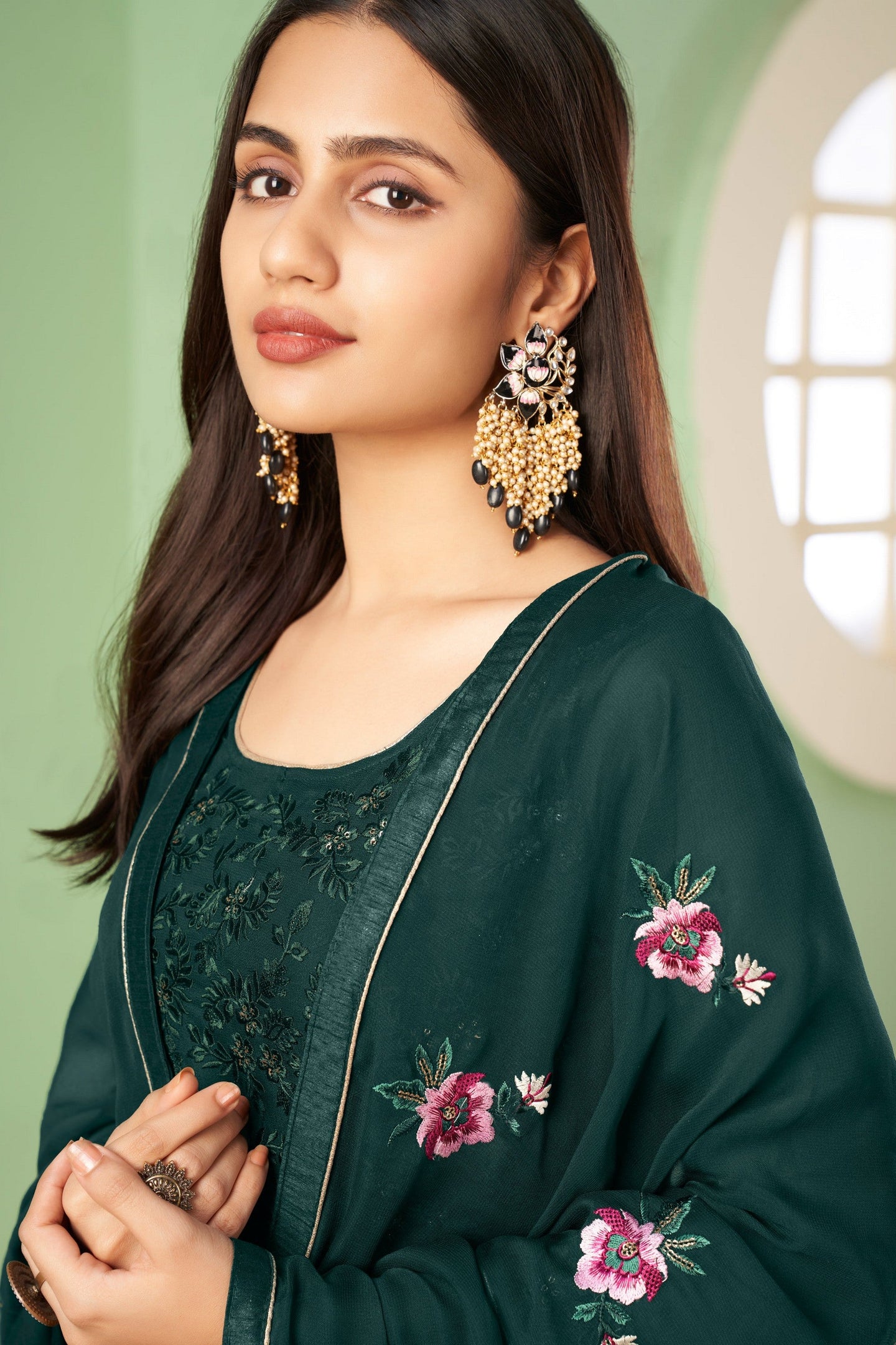 Dark Green Pakistani Georgette Plazo For Indian Festivals & Weddings - Sequence Embroidery Work, Thread Embroidery Work