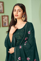 Dark Green Pakistani Georgette Plazo For Indian Festivals & Weddings - Sequence Embroidery Work, Thread Embroidery Work