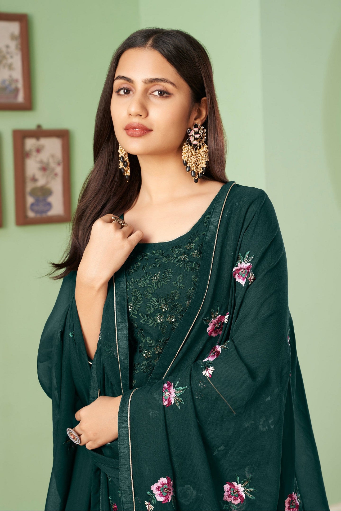 Dark Green Pakistani Georgette Plazo For Indian Festivals & Weddings - Sequence Embroidery Work, Thread Embroidery Work