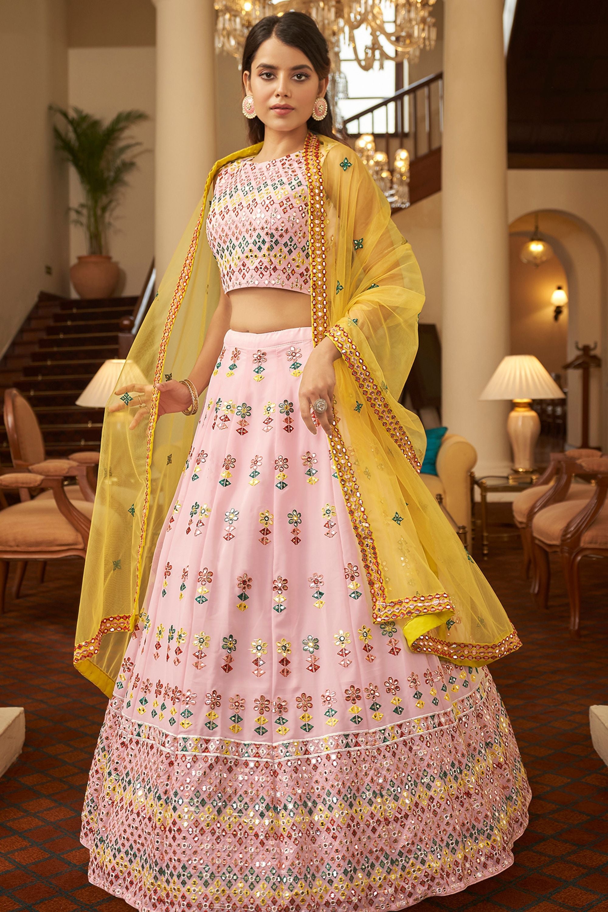 Dark Green Pakistani Georgette Lehenga Choli For Indian Festivals & Weddings - Sequence Embroidery Work, Thread Embroidery Work,